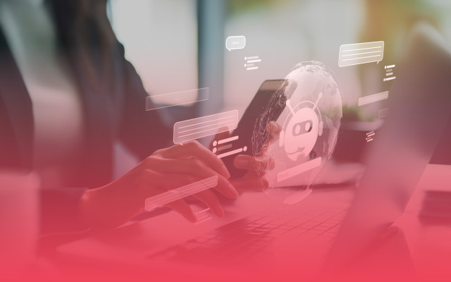 Eine Person h&auml;lt ein Smartphone und nutzt einen Laptop. Auf dem Smartphone-Bildschirm ist ein Roboter-Symbol zu sehen. Um den Laptop und das Smartphone sind mehrere Sprechblasen und Chat-Symbole eingeblendet. Eine rote Farb&uuml;berlagerung bedeckt den unteren Bereich des Bildes. Symbolbild f&uuml;r k&uuml;nstliche Intelligenz